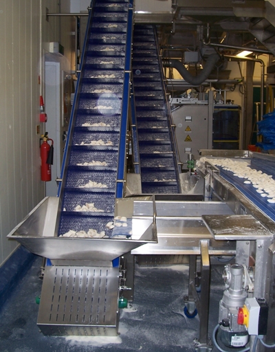 Elevator Conveyor transporting Sausage Rolls